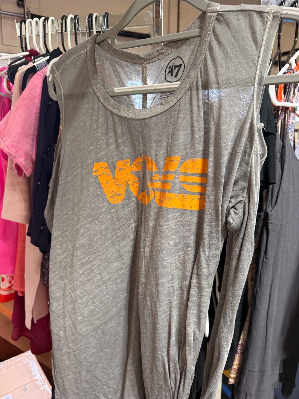 47 Gray Tank with Distressed Orange Logo